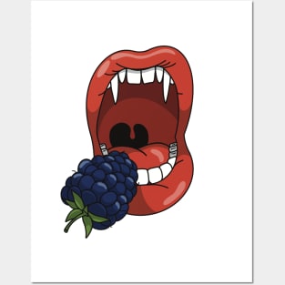 Mouth with vampire teeth about to take a bite into a blue berry Posters and Art